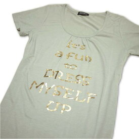 Tシャツ レディース 半袖 モスグリーン地にゴールドのロゴ Lサイズ 【メール便OK】3枚まで可