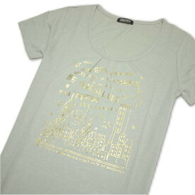Tシャツ レディース 半袖 モスグリーン地に夜景とロゴ：ゴールド Lサイズ 【メール便OK】3枚まで可