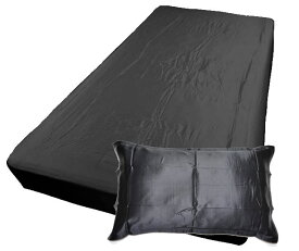 シルク ベッド シーツ ボックスタイプ シルクシーツ ダブル と 枕カバー2枚 セット ブラック