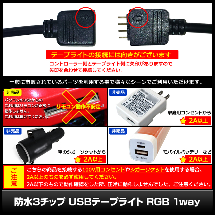 楽天市場】USB 防水 LEDテープライト RGB 多色発光 3チップ 1.5m×1本