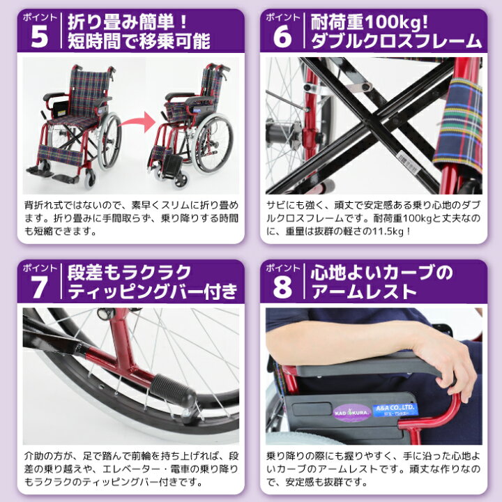 楽天市場】車椅子 コンパクト 軽量 折り畳み カドクラ ラズベリー B110 