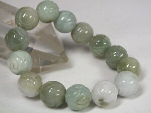■龍香堂■☆A貨ミャンマー翡翠(ひすい)彫入14mm玉ブレスレット(v2)