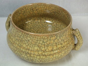 ■龍香堂■☆【中国骨董品】哥窯(かよう)耳付大型鉢160mm