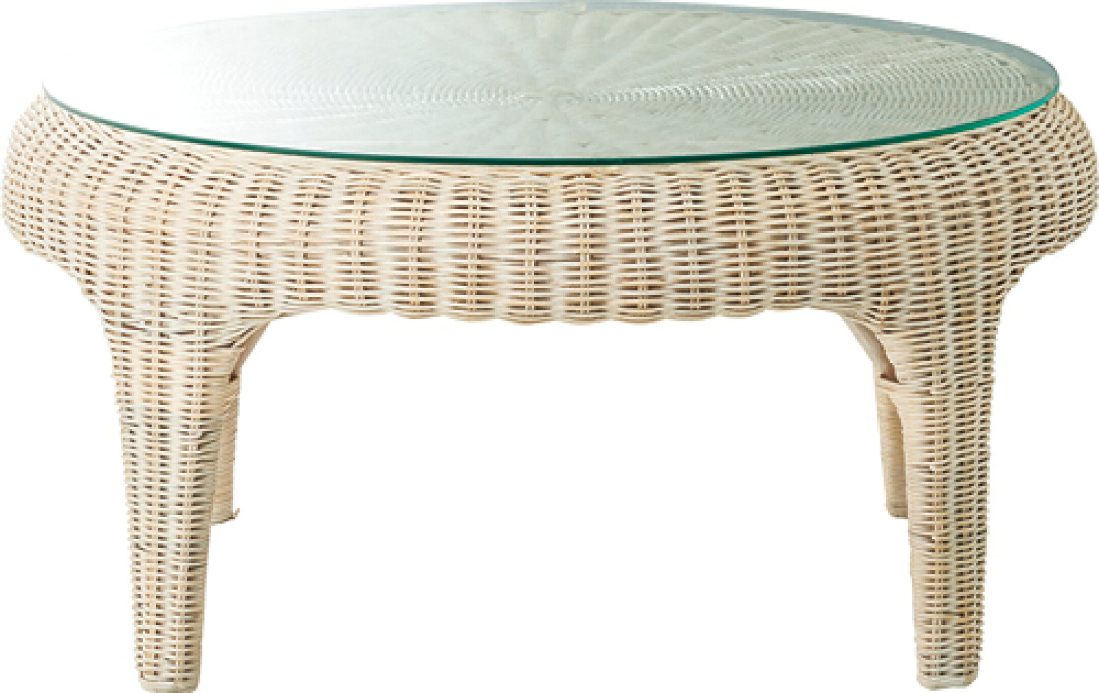 特価【在庫無くなり次第販売終了】ラタンテーブル座卓RA-813（ホワイトウォッシュ/ブラックウォシュ/ライトグレーウォシュ完売）天板：強化クリアガラス5mm厚（Ф700mm）　W750×D750×H330 2個口　本体重量:9.5Kg　