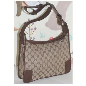 【中古】本物可グッチの女性用焦げ茶色GG柄模様キャンバス素材x革素材のセミショルダーバッグ　サイズW30H23D8cm　〇C15-242