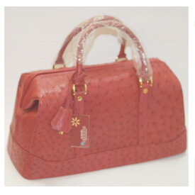 【中古】男女兼用の赤茶革オーストリッチ素材の取り外し可能なショルダーストラップ付ボストンバッグ　サイズW40H20D16,5m　〇C16-173　2G4