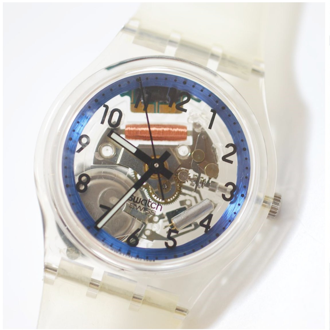 【中古】本物スウォッチのスケルトンの文字盤に青いラインの入った時計S645 1ヶ月保障付 ○A16-77-3 T-2：質カラーズ