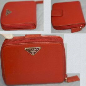 【中古】本物プラダ女性用赤革10,5x10センチラウンドファスナー財布　○C5-844