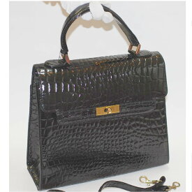 【中古】本物美品クロコ模様型押しの女性用のハンドバッグ　サイズW26,5H23D10cm　○C15-134-3 LT