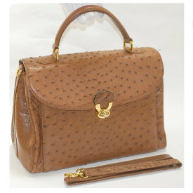 【中古】オーストリッチ素材の茶色い革素材のショルダー付きバッグ　サイズW31H22,5D13,5cm　○C15-251 保管場所2-16