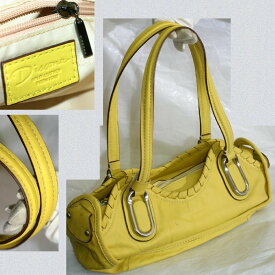 【中古】本物ディソーナ女性用黄色い革素材の横長トートバッグ　サイズW35H13D14cm　○C13-197