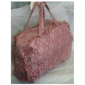 【中古】本物綺麗女性用ピンク色系表面にレースが施されている可愛い作りのボストンバッグ　サイズW40H28D13cm 310406-2