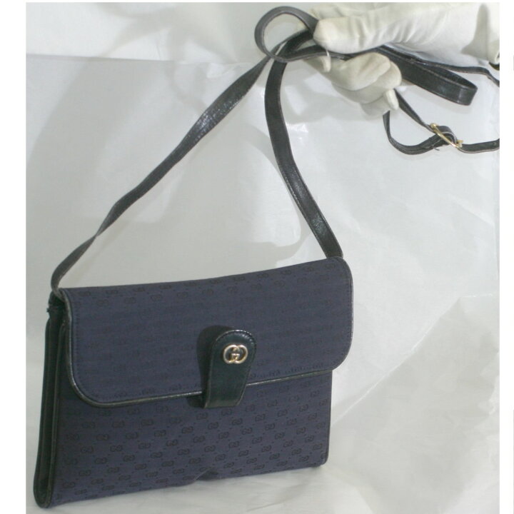 楽天市場】【中古】本物可オールドグッチ女性用紺xマイクロGG柄斜め 