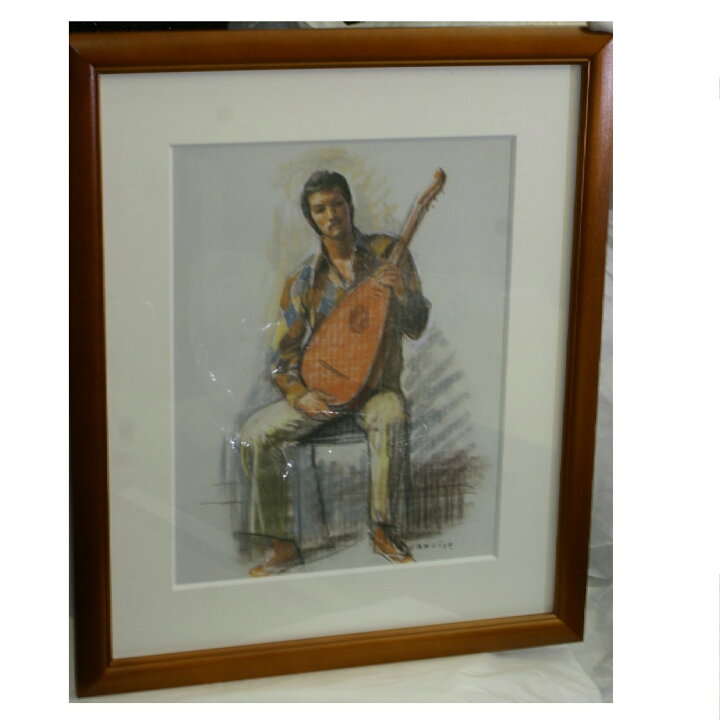 【中古】小磯良平 複製 「リュートを持つ男」 額サイズ W45.5×H54.7cmで絵の部分W28×H36.5cm ○J14-107 質カラーズ 小磯 良平 パステル画 絵画 額縁 新品