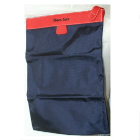 【中古】綺麗持ち手付紺色キャンバスx赤い革素材のシューズケース ○C14-267-4　KT-9