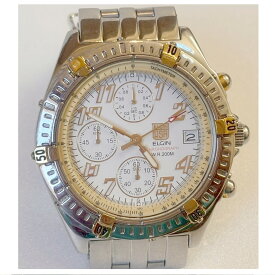 【中古】本物完動美品ELGINエルジンUSAの紳士用防水タイプのクロノグラフのベゼルの回転する時計FK-1094-G　1ヶ月保証付き　〇A20-12　KA-16