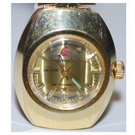 【中古】本物ATEKUアテクの女性用金色メタル素材のごついラドーのような形の時計　〇A16-75-2　T-1