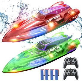 DEERC 2台セット ラジコンボート ラジコン 船 ボート こども向け RC リモコン おもちゃ RCスピードボート 防水 転覆回復 低電圧アラーム 水センサー バッテリー4個 操作時間80分 LEDライト 操作距離50m 超距離アラーム DE122