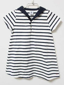 《プチバトー/PETIT BATEAU》95cm 半袖ワンピース 白×紺 '21年製【中古】子供服 キッズ kids 女の子 夏 035032 onepi