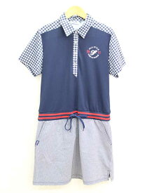 【楽天スーパーSALE】♪FILA GOLF/フィラゴルフ♪ゴルフウェアワンピース/ロゴプリント/ギンガムチェック/スポーツ/切替/半袖/膝丈 ネイビー/紺色 レディース L 【中古】春夏秋冬 604022 onepi