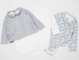 【楽天スーパーSALE!】[プチバトー/PETIT BATEAU]74cm 長袖襟付ショートオール/ロンパース3点set 白×ブルーグレー＆白＆紺×白【中古】【ネット限定】子供 キッズ kids ベビー baby 男の子 女の子 春秋 323032 onepi