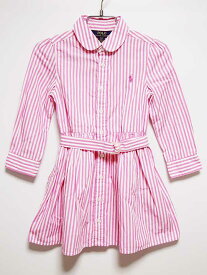 ‡ラルフローレン/Ralph Lauren‡100cm 長袖ワンピース ピンク×白【中古】子供服 キッズ kids 女の子 春 onepi 923042