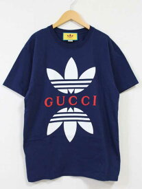 ☆GUCCI×adidas/グッチ×アディダス☆コラボロゴプリントTシャツ/548334XJEMJ/カットソー/Tシャツ/半袖/カジュアル ネイビー/紺 メンズ M【中古】春夏秋冬 624042