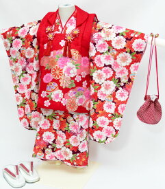 七五三 着物 3歳 女の子 被布セット 桜に紅葉柄 赤/あずき色 必要な物は全て揃ったフルセット 販売 購入