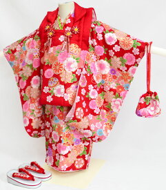七五三 正絹 着物 3歳 女の子 正絹被布セット 百花繚乱 赤 着付けに必要な物は全て揃った着付け完璧フルセット 2024年新作 販売 購入