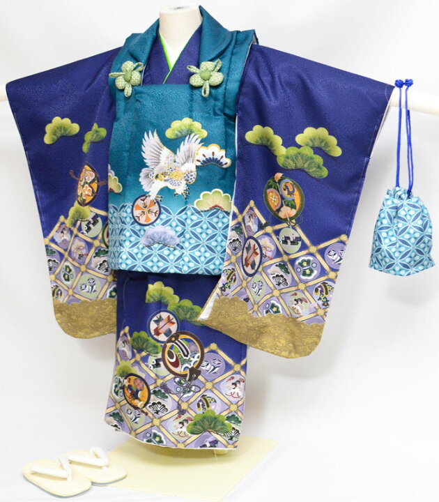 楽天市場】七五三 753 着物 3歳 男の子 被布セット 鷹柄 エメラルド 