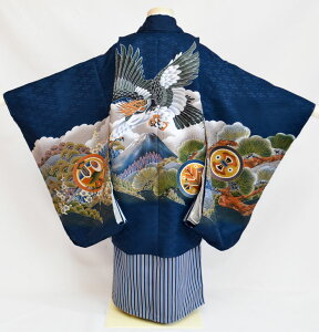 七五三 753 着物 男の子 袴 セット お祝い着 5歳羽織袴 フルセット 鷹に富士山 紺 販売 購入