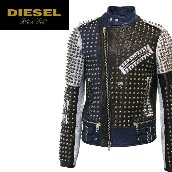 新品 Diesel Black クロコ型押し本革レザージャケット Gold L