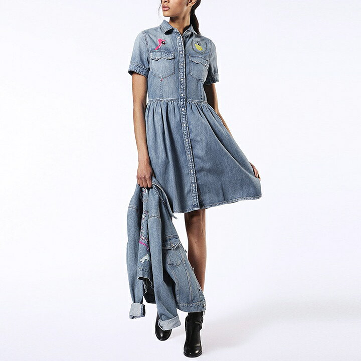 楽天市場 Diesel ディーゼル レディース 刺繍装飾 フロントボタン 膝丈 デニムワンピース 半袖ワンピース De Keishi サイズxs L ミディアムインディゴ Die L T A8 153 メーカー希望小売価格49 500円 キイロヤ インポート