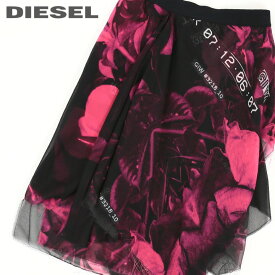 ★DIESEL ディーゼル レディース★ウエストゴム シースルーシフォン ボタニカル柄プリント カットオフ 膝上丈 シフォンスカート【O-CERYS】【サイズXS〜M】【ブラック】die-l-s-c8-090 《メーカー希望小売価格39,600円》