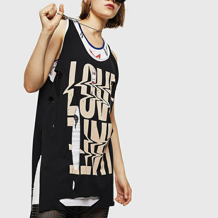 ☆DIESEL ディーゼル レディース☆デストロイダメージ加工 レイヤードデザイン ノースリーブワンピース【D-MAEVAU】【サイズXS・S】【ブラック】die-l-t-c8-140 《メーカー希望小売価格26,400円》/234/ キイロヤ インポート DIESEL ディーゼル ロゴプリント タンクトップ XS ユニセックス ラメ