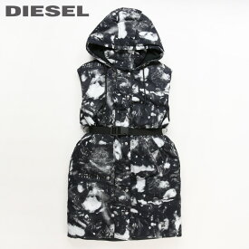 ★DIESEL ディーゼル レディース★総柄 ベルト付き フード ベスト ノースリーブ中綿コートジャケット【W-LALLA-SL】【サイズXXS(M〜L相当)】【2〜3サイズ程大きめのサイズ感】【ブラック】die-l-o-d8-030 《メーカー希望小売価格60,500円》