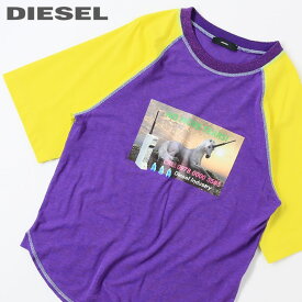 ★DIESEL ディーゼル レディース★ラメ混リブ グラフィックプリント ラグラン 薄手 半袖Tシャツ カットソー【T-SPO】【サイズXS】【パープル×イエロー】die-l-t-e4-215 《メーカー希望小売価格23,100円》