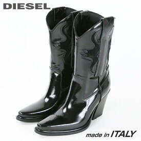 ★DIESEL ディーゼル レディース★牛革 本革 スエードミックス チャンキーヒール レザーウエスタンブーツ 靴【D-WESTERN】【日本サイズ22.5〜24.0】【ブラック】die-l-k-f4-k52 《メーカー希望小売価格66,000円》