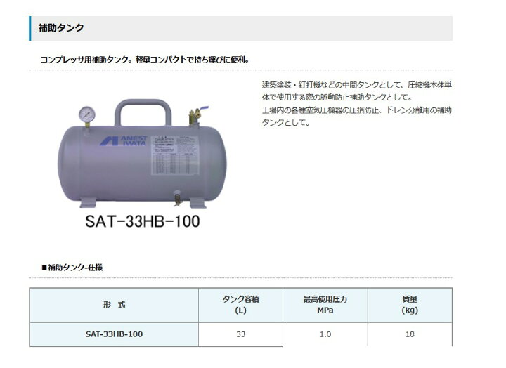 楽天市場】エアータンク アネスト岩田 空気タンク SAT-33HB-100 33L  