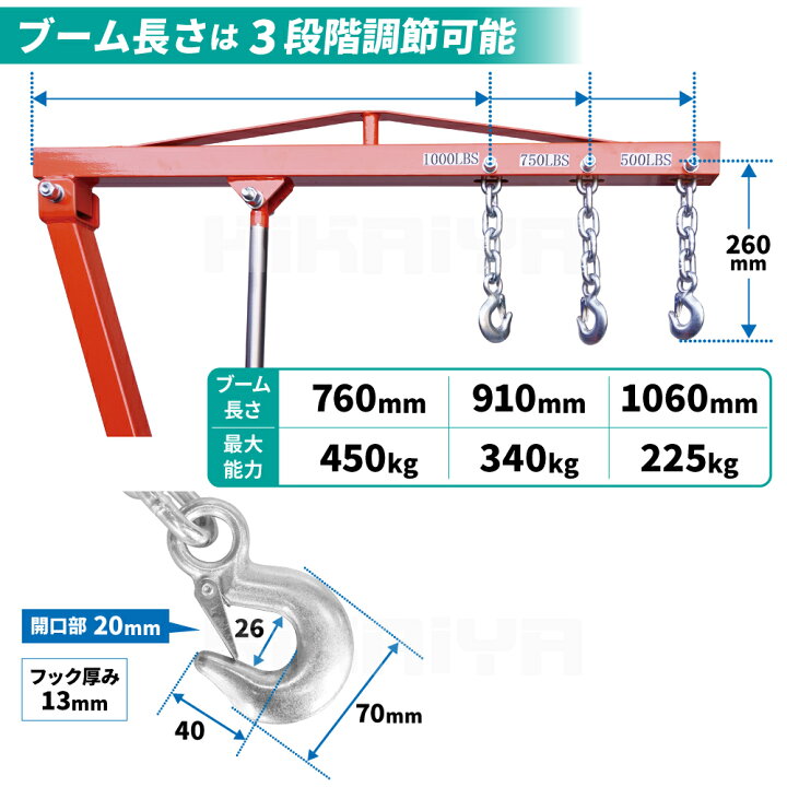楽天市場】ヒッチクレーン 油圧式 最大能力450kg ヒッチマウント 脱着 