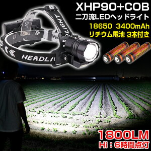 �w�b�h���C�g �ނ� �z�^���C�J ���C�g �o�R �[�d�� �w�b�h�����v �y3400mAh�d�r 3�{�t���z �Y�[�� �@�\�t�� �v���W�F�N�^�[�����Y CREE XHP90 COB �_�u��LED���� 1800LM �Ǝˋ��� 200m led�w�b�h���C�g 
