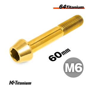 チタンボルト M6×60 P1.0 ゴールド 1本 64チタン テーパーボルト スレッド 25mm Ti-6Al-4V Gr5 チタン合金 バイク パーツ 自転車 ボルト M6 チタン カスタム ドレスアップ 旧車 レストア 修理 部品