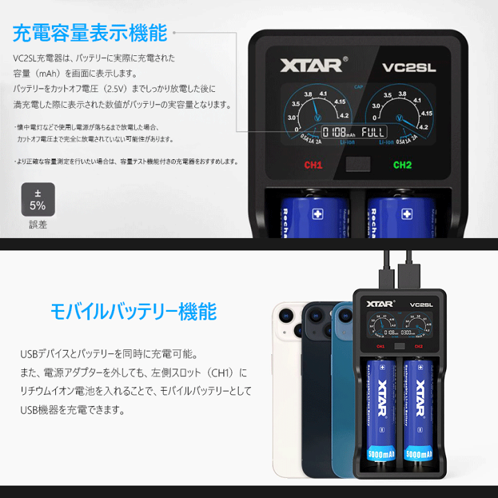 楽天市場】XTAR 正規代理店 リチウムイオン電池 充電器 VC2SL 2