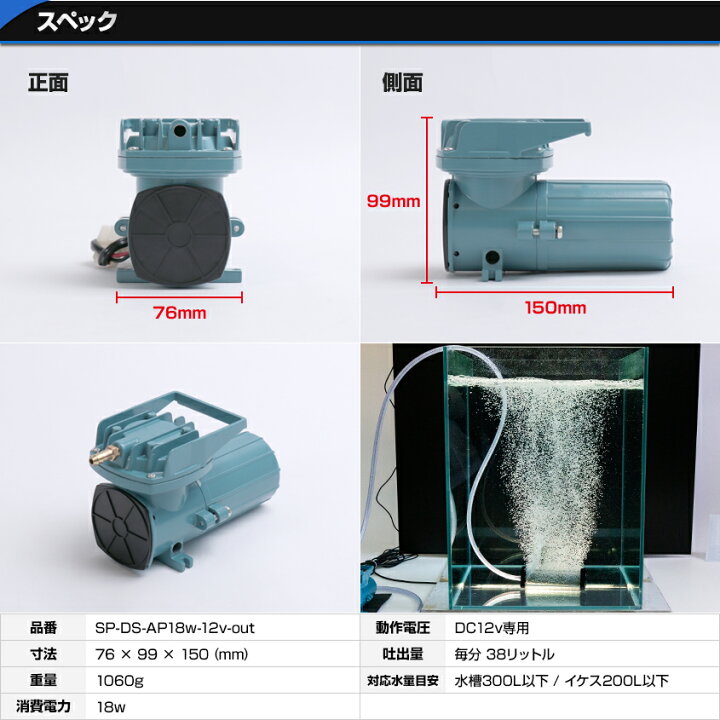 楽天市場 アウトレット商品 船 いけす エアーポンプ イケス 本体のみ 18w 12v 38l 毎分 船舶 漁船 遊漁船 生け簀 酸欠防止 25ft以下のボートにおすすめ 活魚 生き餌 イカ 車 水槽 ぶくぶく 空気 Led作業灯 集魚灯のksガレージ
