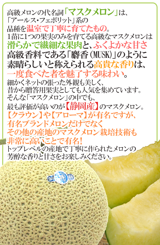 超人気高品質超人気高品質静岡県 ”マスクメロン” 等級白以上 大玉1玉 約1.7〜2kg《2玉購入で送料無料》 フルーツ・果物 