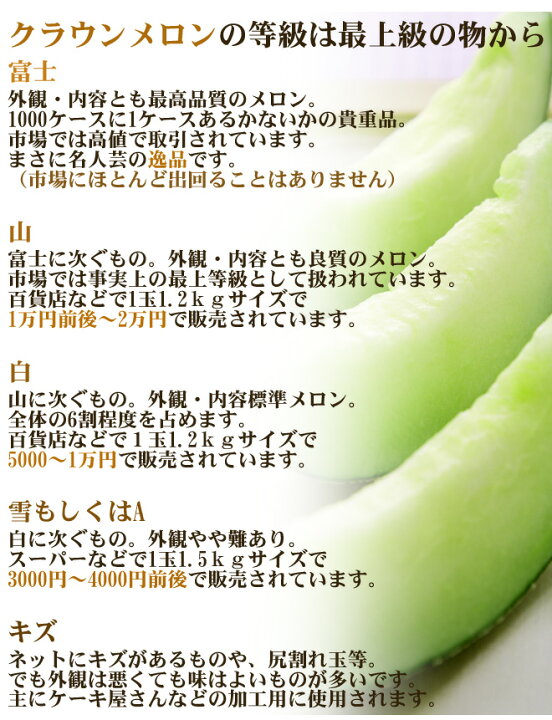 楽天市場】静岡産 ”クラウンメロン” 大玉 5玉 約9kg 等級 白 産地箱 