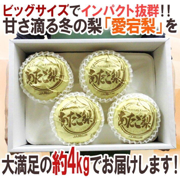楽天市場】岡山産 ”愛宕梨” 秀品 超大玉4〜6玉前後 約4kg 化粧箱 あたご梨【予約 11月末以降】 送料無料 : くらし快援隊〜お中元お歳暮ギフト 楽天市場】岡山産 ”愛宕梨” 秀品 超大玉4〜6玉前後 約4kg 化粧箱 あたご梨【予約 11月末以降】 送料無料 : くらし快援隊〜お中元お歳暮ギフト