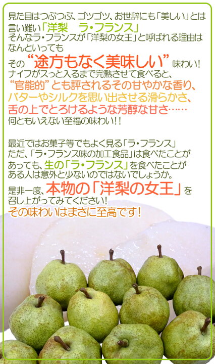 楽天市場】”ラ・フランス” 秀品 10〜16玉前後 約5kg 産地厳選 洋梨 ラフランス【予約 10月以降】 送料無料 : くらし快援隊〜お中元お歳暮ギフト 楽天市場】”ラ・フランス” 秀品 10〜16玉前後 約5kg 産地厳選 洋梨 ラフランス【予約 10月以降】 送料無料 : くらし快援隊〜お中元お歳暮ギフト