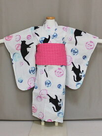 女の子仕立済浴衣 G2352-B100 送料無料 単品 女児用のゆかた 腰ひも付 猫柄の浴衣 サイズ100