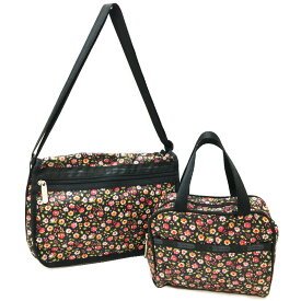 【中古】 【同柄2個セット】 レスポートサック Lesportsac 2WAY ショルダー 斜め掛け バッグ ポーチバッグ ナイロン ブラック レッド系 フラワー花柄 軽量 鞄 BAG レディース